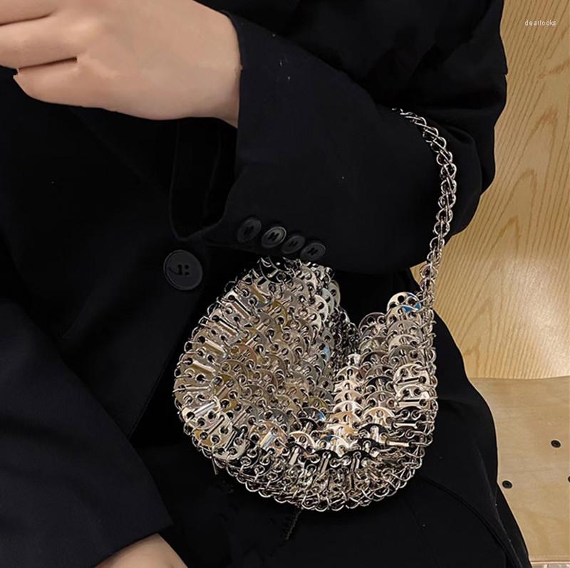 

Evening Bags Luxury Designer Handbag Metal Chain Tote Bag Hollow Clutch Women's 2023 Trend Female Travel Holiday Shoulder, Small metal gold