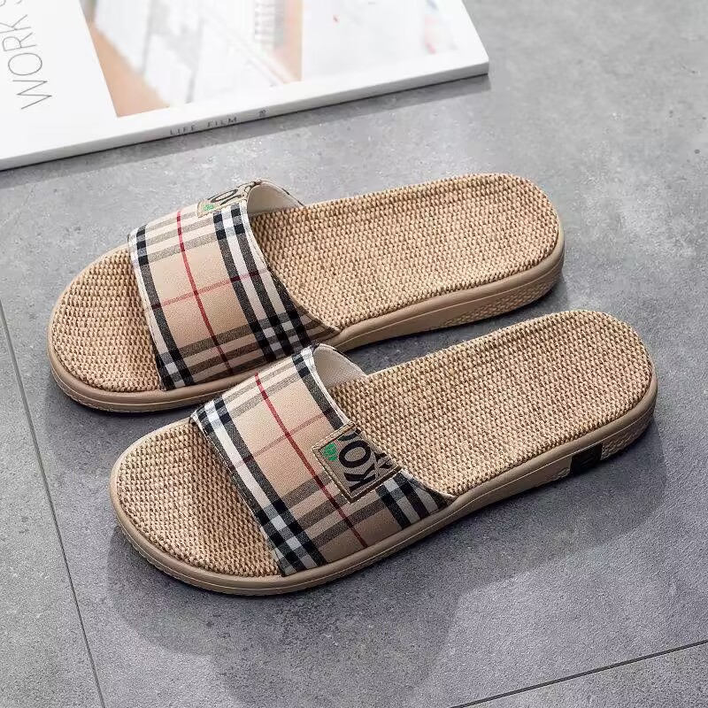 

Fashion Striped Linen Slippers Indoor Quiet Thick Sole Anti-Slip Deodorant Breathable Personality Sandals, Khaki