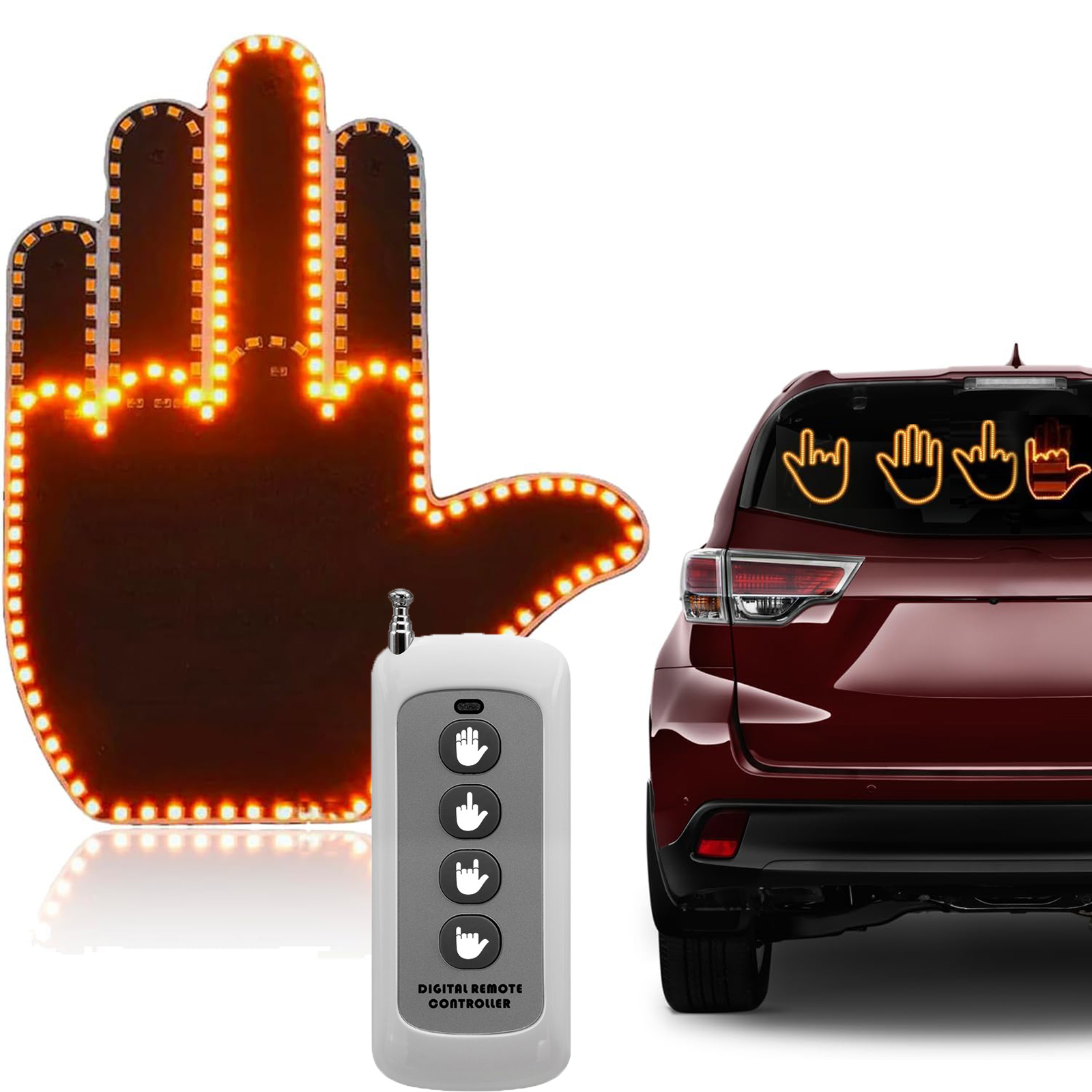 Car LED Gesture Lights, Finger Hand Light Wacky Funny Multi-functional Warning Lights Rear Luggage Compartment Lights 176 LED Beads,Remote Contro-image-736559717