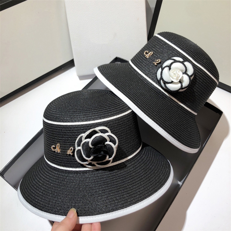 

Designer straw hat brand Gold characters cap Camellia flowers and grass woven basin hats fashion retro ladies' gift hats outdoor Wide Brim Hats, Black