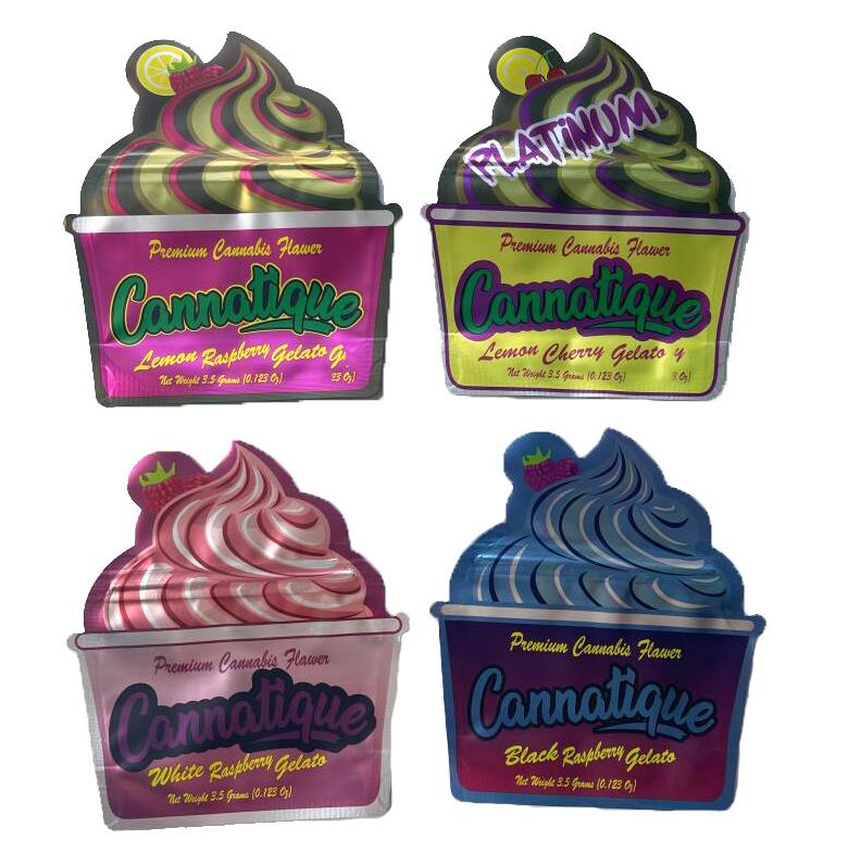 

Cannatique die cut mylar bags 3.5g empty flower aluminum foil smell proof stand up pouch lemon cherry gelato raspberry gelato
