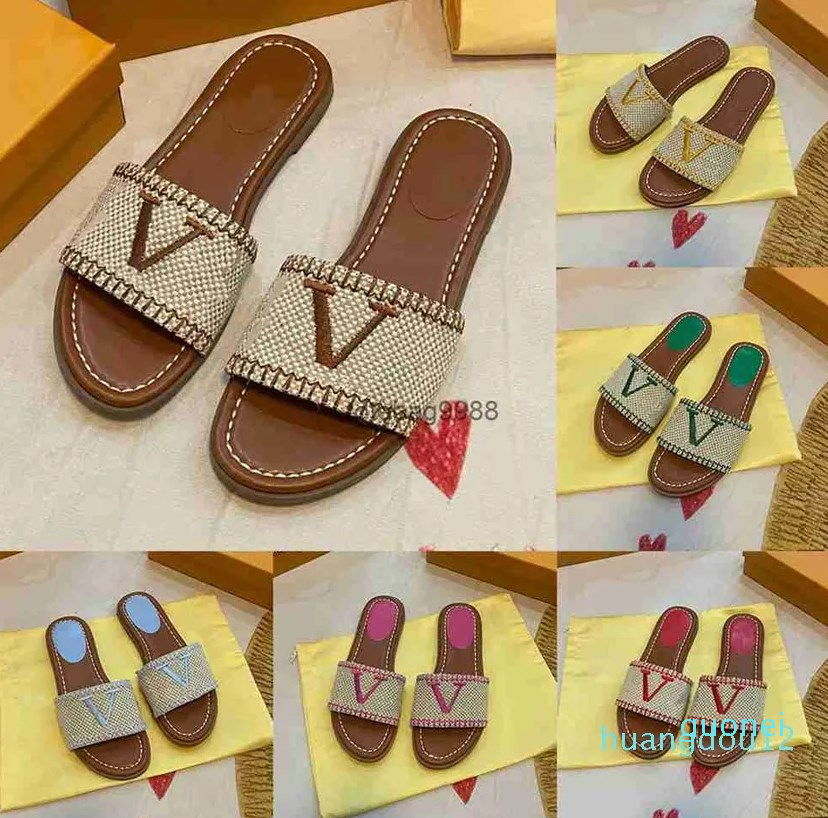 

2023 Designer Women Roman old flower Slippers Sandals Embroidery Shoes Flip Flops Loafers Summer Wide Flat Lady Canvas Sandals Slipper Size, Rose