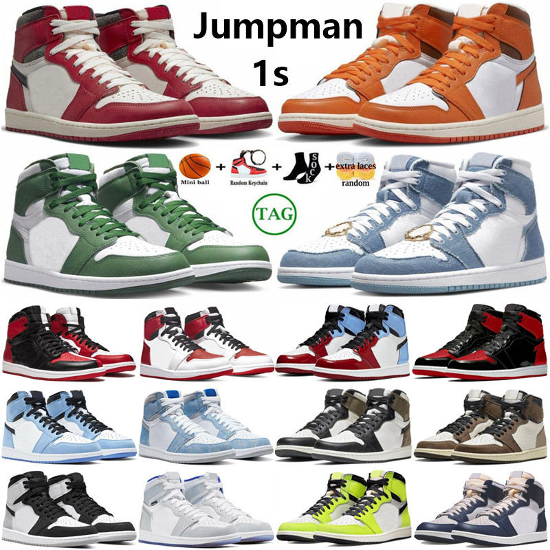 

Jumpman 1 OG 1s Mens Basketball Shoes Lost Found Starfish University Blue Bred Patent Hyper Royal Smoke Grey Denim Georgetown UNC Men Sports Women Sneakers Trainers, 25