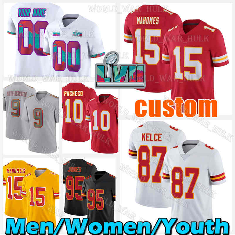 

15 Patrick Mahomes Jersey 87 Travis Kelce Kansases City JuJu Smith-Schuster Chiefes Clyde Edwards-Helaire Isiah Pacheco Nick Bolton Creed Humphrey Jerick McKinnon, Women jersey(q z)+patch