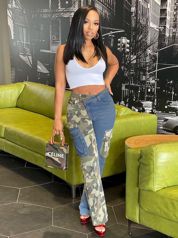 

Women' Jeans Camouflage Patchwork Woman Fashion Baggy Pocket Cargo Mid Wiast 2023 Winter Y2K Streetwear Casual Trousers, Blue
