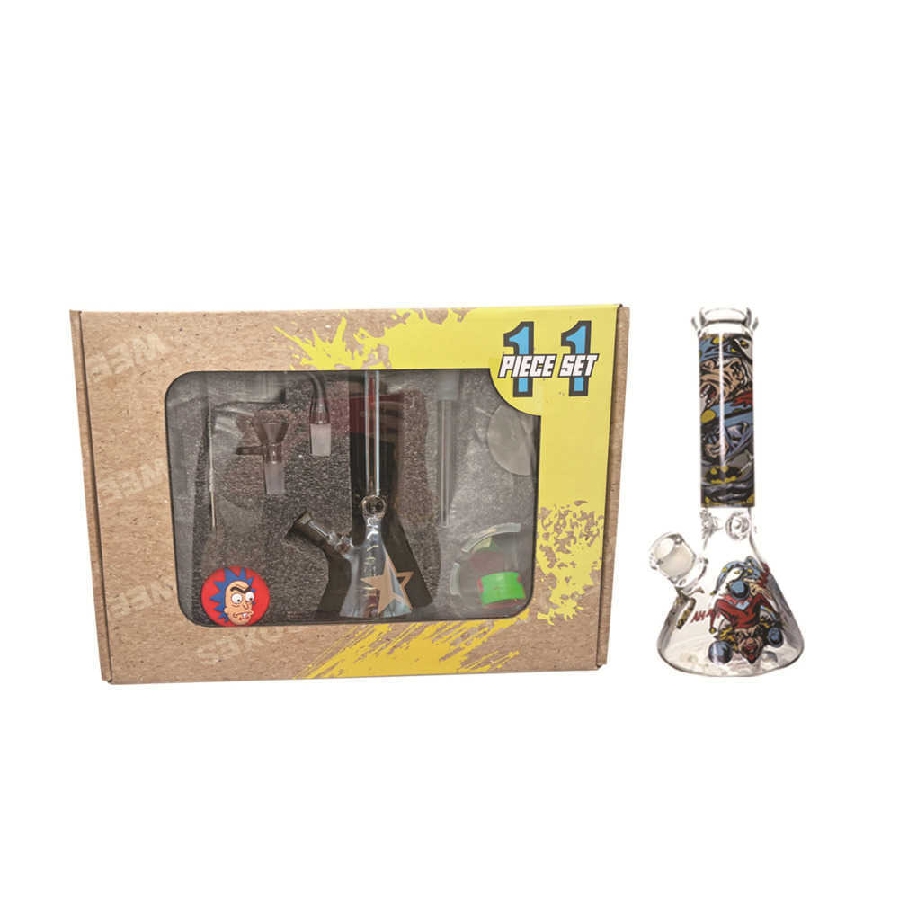 

Glass bong hookah kit thick water pipe with herb grinder Storage tank rolling tray ashtray quartz banger Total 11 pieces accessories bongs set