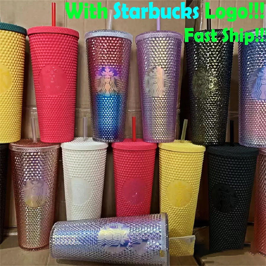 

Starbucks Cold Cup Studded Godness 24oz Tumbler Double Wall Matte Plastic Coffee Mug With Straw Reusable Clear Drinking With LOGO 0201, Multi-color