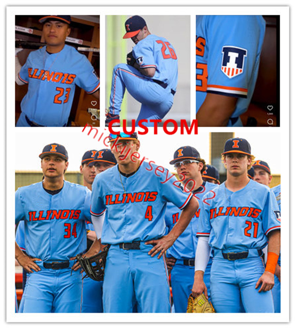 

James Baseball Illinois Fighting Illini Baseball Jersey Custom Stitched Youth Branden Comia Cam McDonald Danny Doligale Jacob Campbell Brody Harding, Blue
