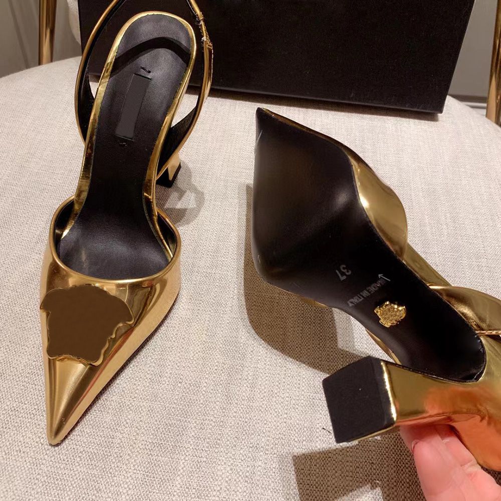 

La Medusa embellished Pointed Toes Pumps shoes high Heels Gold mirror leather sandals 110mm for women Dress shoe Evening Slingback strap shoes, Gifts are not sold separately