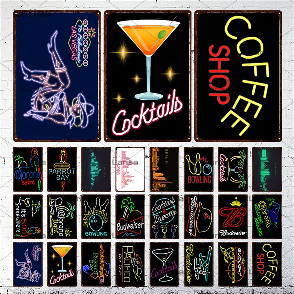 

Classic Cocktail Metal Painting Coffee Shop Vintage Colorful Neon Metal Plates Cafe Pub Club Home Wall Decor Tin Signs Retro Plaque 20cmx30cm Woo