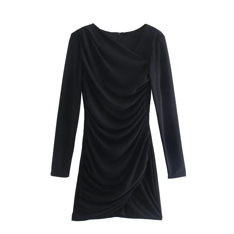 

Casual Dresses Woman Elegant Balck Slim Irregular Mini Dress 2023 Autumn Female Solid Asymmetrical Party Ladies Pleated Short, Black