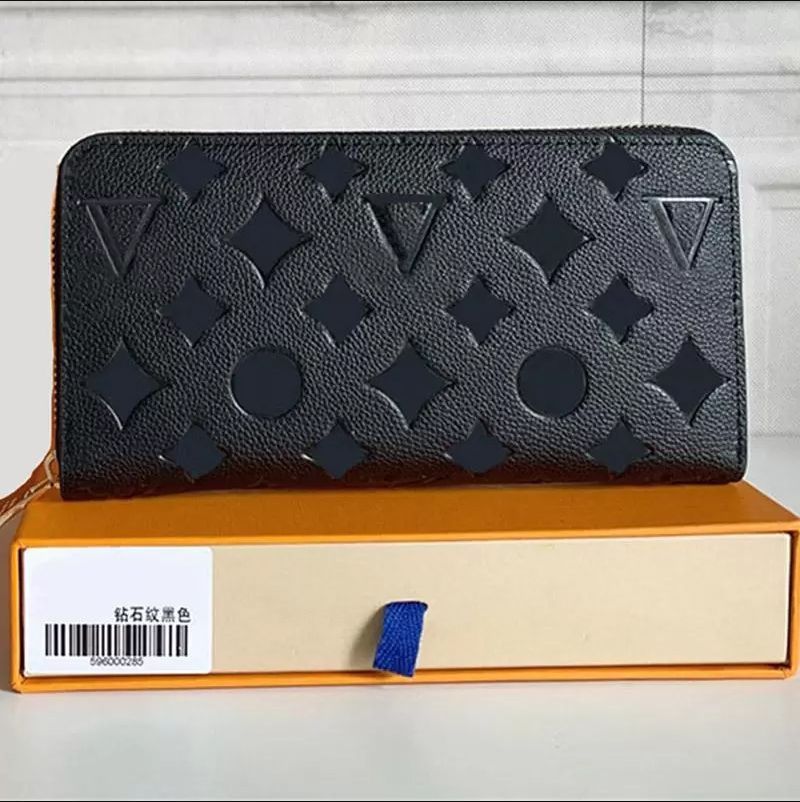 

Fashion Women Wallet Embossed Flowers Leather Men Wallet Single Zipper Wallets Lady Ladies Long Classical Purse Bag with box Louiseitys card Viutonity 60017, Coffer grid wallet