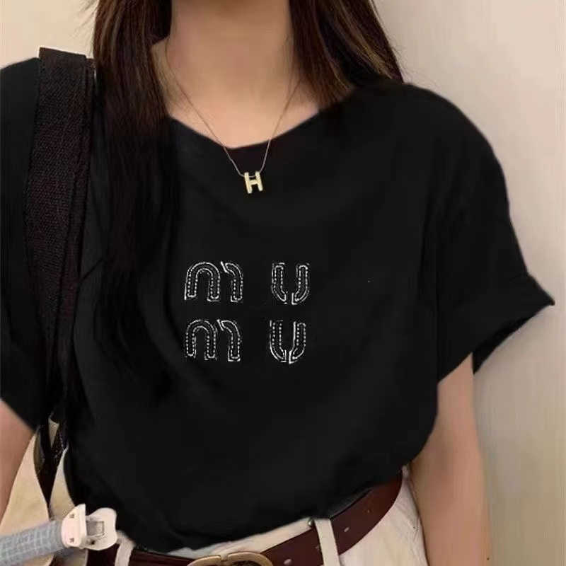 

23ss summer cotton short sleeve t shirt women sweatshirt 3d embroidery crew neck Tshirt Miu Designer tshirt womens pullover shirts, White-cotton