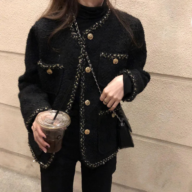 

Women's Jackets Korean Style Tweed jackets Women Elegant Blend Wool Coat With Pockets Female Autumn Single Breasted Outwear Office Lady 230202, Black