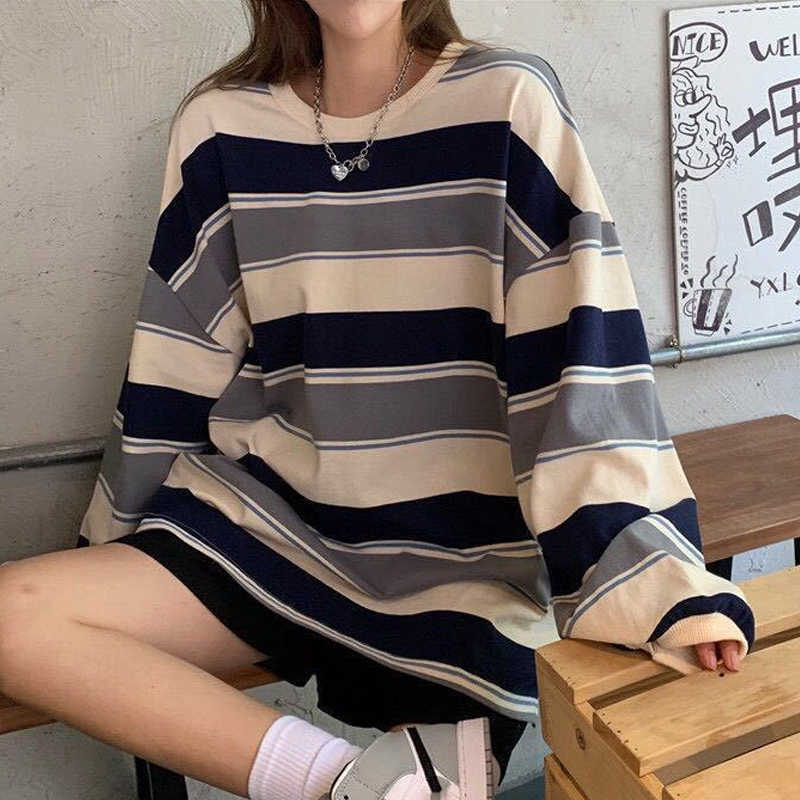 

Women's Hoodies Sweatshirts Women Striped Thin Pullover T Shirt Harajuku Pullovers Korean Fashion Couples Matching Long Sleeve Tops Y2302