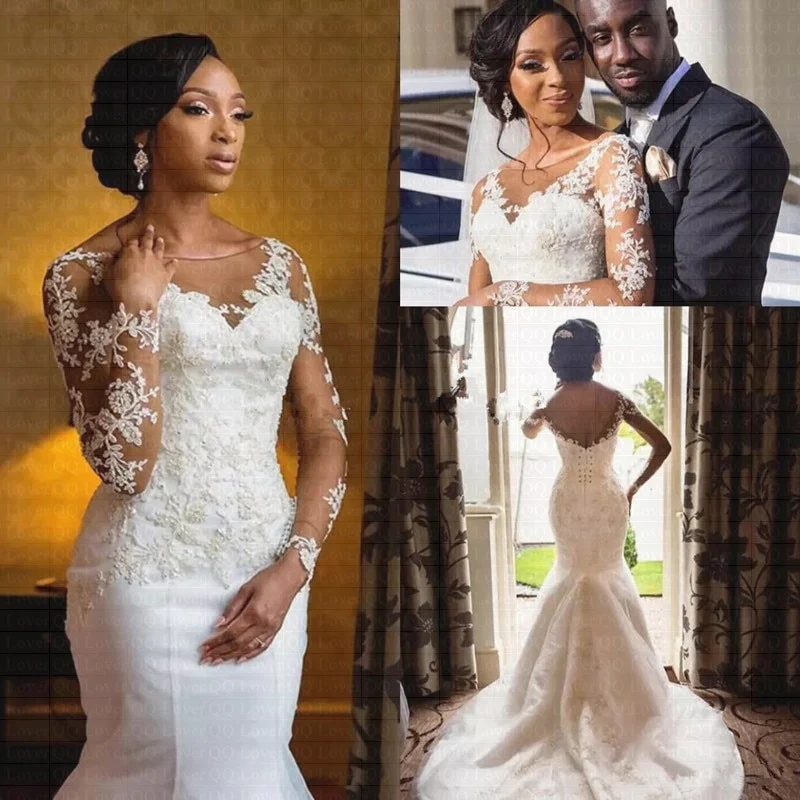 

2023 Long Sleeve Mermaid Wedding Dresses Bridal Gowns Sheer Jewel Neck Lace Appliqued Robe de mariee Arabic Wedding Dress, Champagne