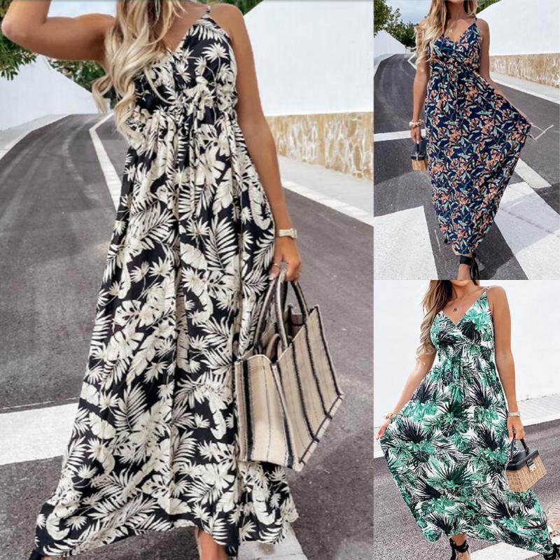 

Casual Dresses Women' Summer Sleeveless Print Dress Long Female V Neck Camisole Beach Sling Coconut Leaf Boho DressCasual, White