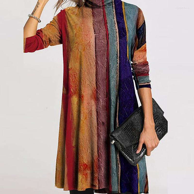 

Casual Dresses Vintage Turtleneck Warm Women Dress 2023 Autumn Elegant Lady Print Long Sleeves Patchwork Female Loose Vestidos, Style 2