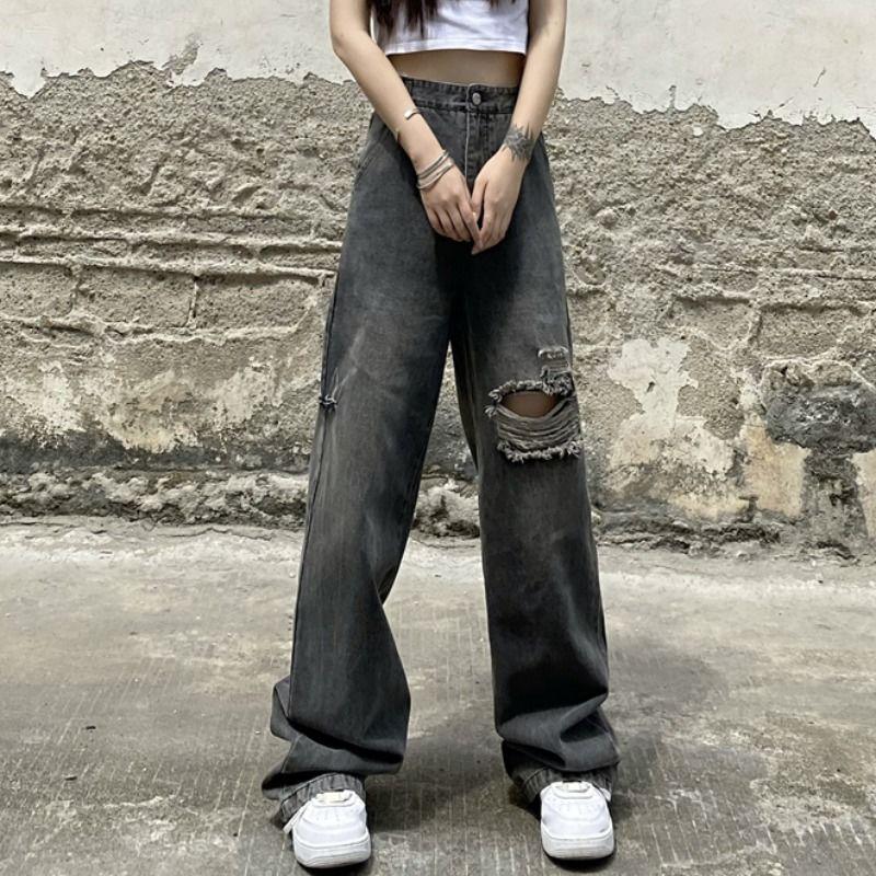 

Women' Jeans Grunge Wide Leg Punk Pants Harajuku Broken Hole Smoke Gray Streetwear Low Waist Ripped Denim Trousers Do Old CuteWomen, Smoke grey