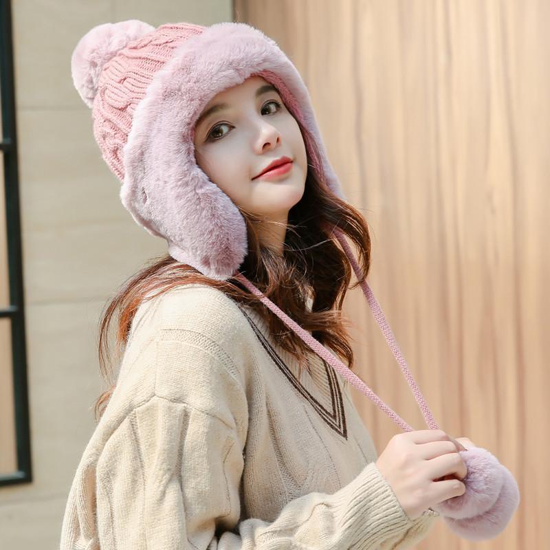 

Berets Women Winter Beanies Hat With Ears Flaps Thick Fleece Warm Fur Pompom Cute Cold Knitted Skullies Casual, White