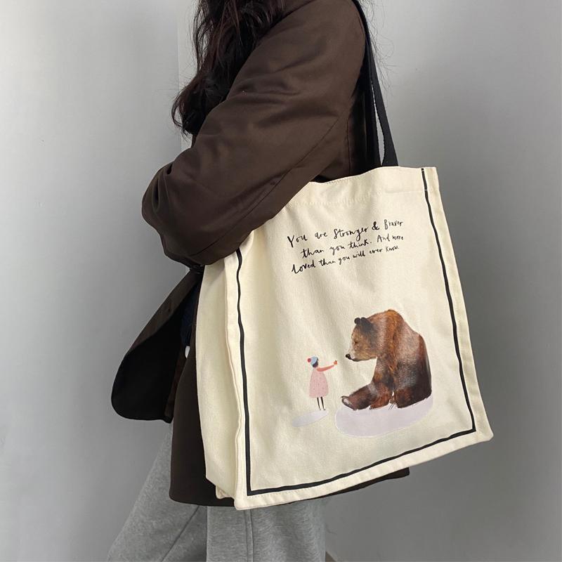 

Evening Bags Women Canvas Shoulder Girl And Bear Print Cute Books Bag For College Student Eco Shopping Cotton Cloth Handbag Tote, Girl with bear