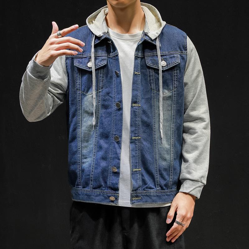 

Men' Jackets Autumn Trend Men Denim Jacket Patchwork Loose Hooded Jeans Outerwear Many Pockets Blue Cotton Soft Long Sleeve Coats Windproof, 01