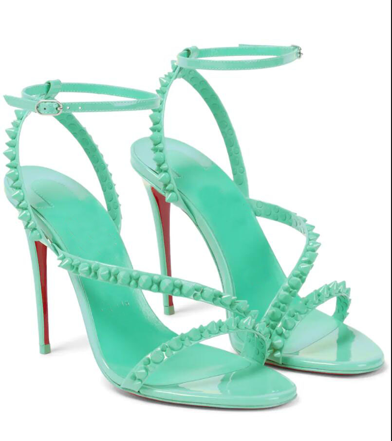 

Summer Women Reds Sole high heel Sandals Shoe Mafaldina Spike high-heeled Denim Sandals Genuine leather with rivets open toe thin heel pumps 35-43box