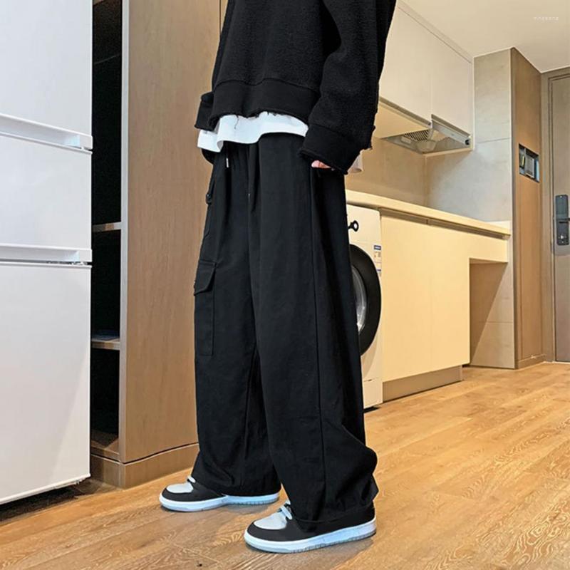 

Men's Pants Mid-Rise Elastic Waist Drawstring Multi Pockets Men Straight Wide Leg Joggers Trousers Cargo, Black