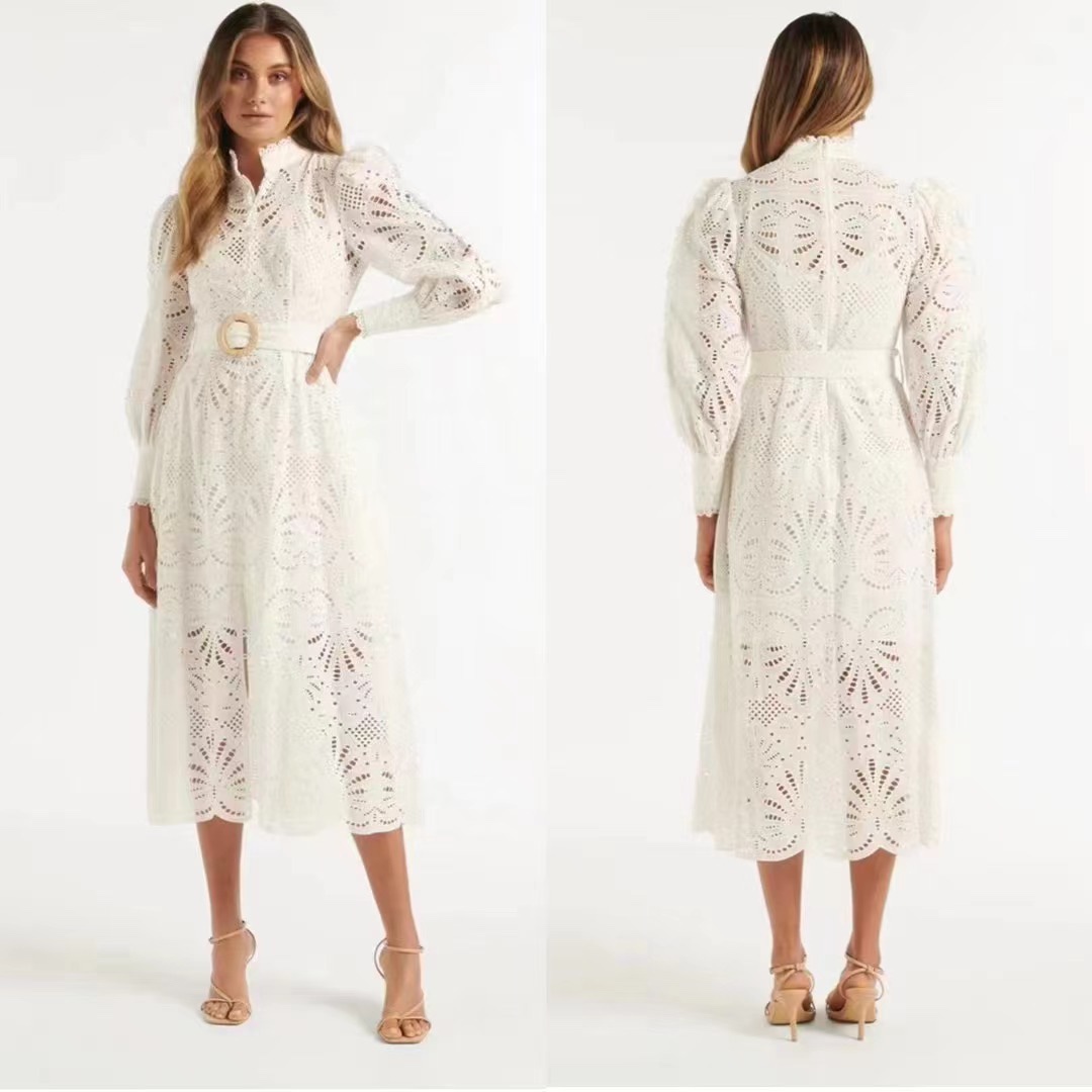 

2023 Midi dress stand Collar lantern hollow pattern sleeves with belt mid-dress, White