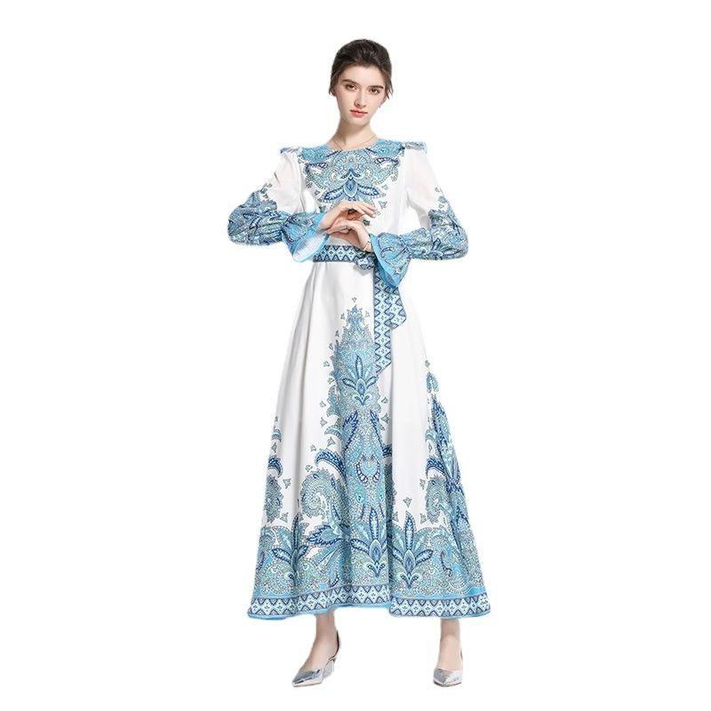 

Casual Dresses BunniesFairy 2023 Spring Sweet Princess Ethnic Bohemian Blue Paisley Floral Print Long Flare Sleeve Ruffles White Maxi Dress, 01