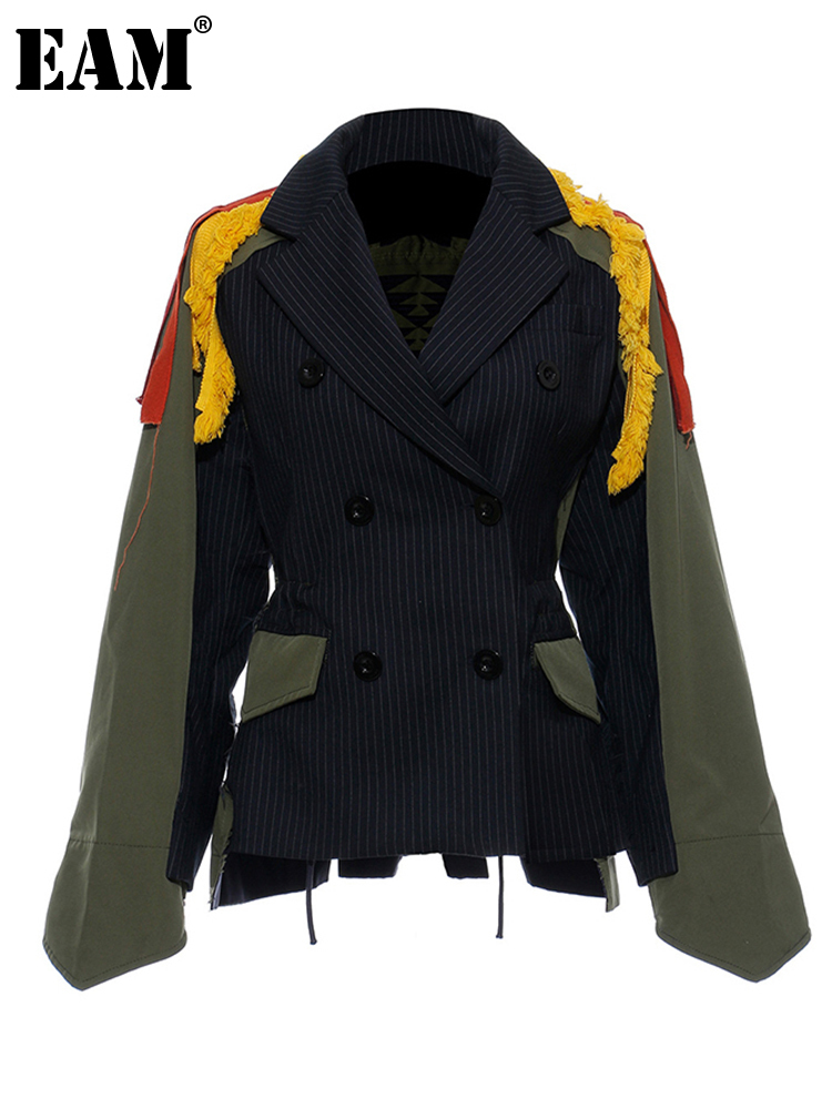 

Women' Jackets EAMBig Size Striped Contrast Color Pattern Print Jacket Lapel Ribbon Loose Fit Women Coat Fashion Spring Autumn 2023 JZ521 230202, Green