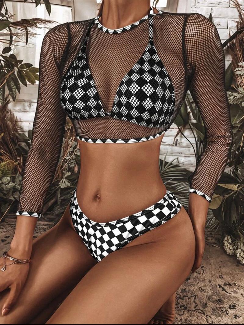 

Women' Swimwear Sexy Women Summer Swim Suit European And American Checkerboard Printed Mesh Three - Piece Swimsuit Beach BikiniWomen, Picture shown