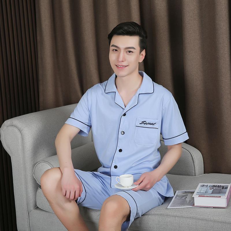 

Men's Sleepwear Summer Men Pajamas Set Blue Cotton Shirt&Shorts Short Sleeve 2PCS Male Casual Pijamas Suit Lapel Loungewear -3XL