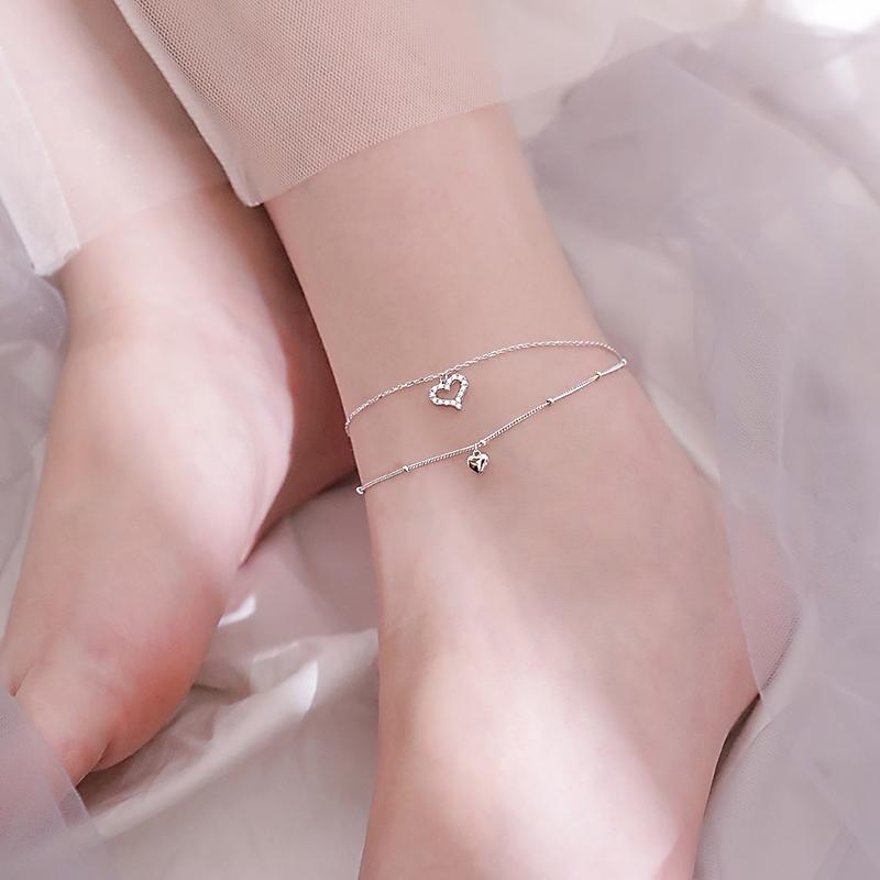 

Link Bracelets Chain Ramos Double Layer Love Heart Anklet Bracelet 925 Colour Cubic Zircon For Women Sandals Foot JewelryLink