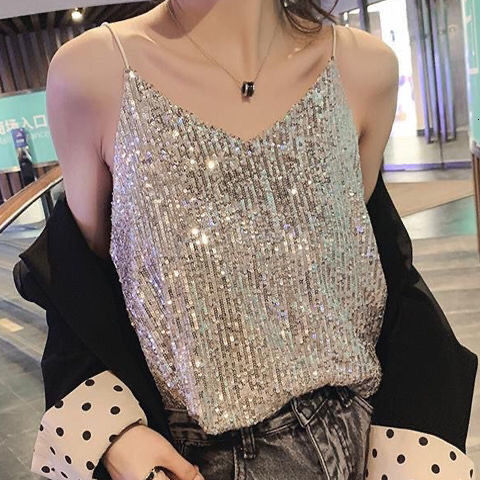 

Women's Tanks Camis Summer Sexy Glittering Sequin V-neck Sling Vest Short Loose Tops Outerwear Bottoming Shirt 230202, Silver