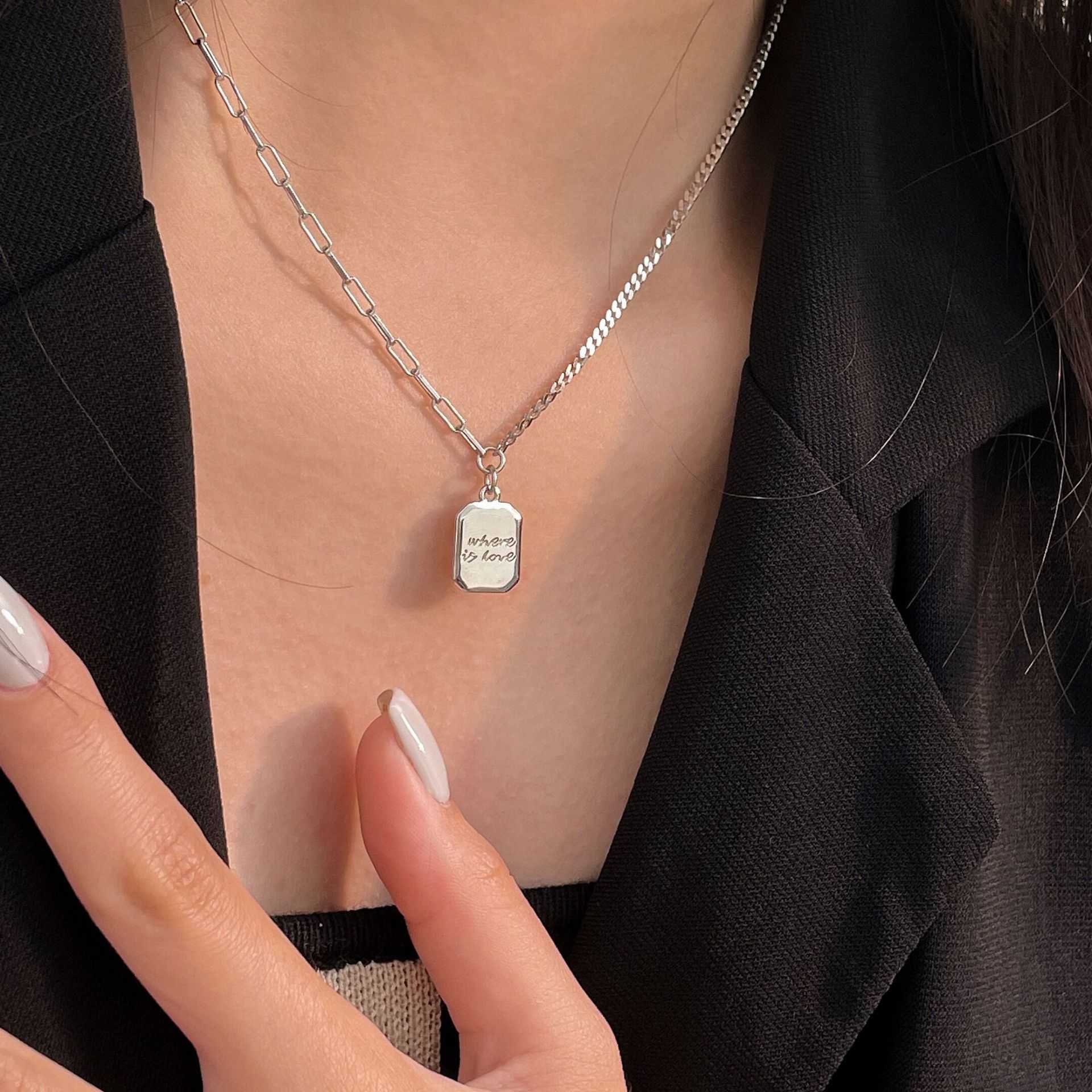Pendant Necklaces SHANICE S925 sterling silver square brand English letter necklace female niche design simple net red light luxury tide clavicle-image-838795708