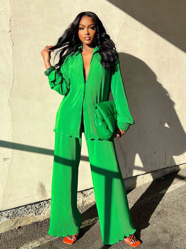 

Women's Two Piece Pants Sets Women Long Sleeve Lapel Loose Tops Shirts Wide Leg Summer Fall Elegant Casual 2Pcs Female 230202, Green