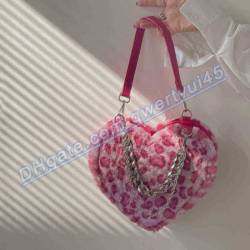

qwertyui45 Shoulder Bags Love Heart Shape Women's Faux Fur Shoulder Bags Stitching Check Pattern Ladies Purse Handbags Females Plush Chain Underarm Bag 020223H, Pink no chain