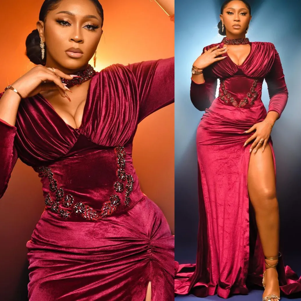 

2023 Burgundy Prom Dresses Mermaid V Neck Velvet Custom Made Long Sleeves Side Slit Beaded Ruched Evening Party Gowns vestidos Formal Occasion Wear Plus Size, Light sky blue