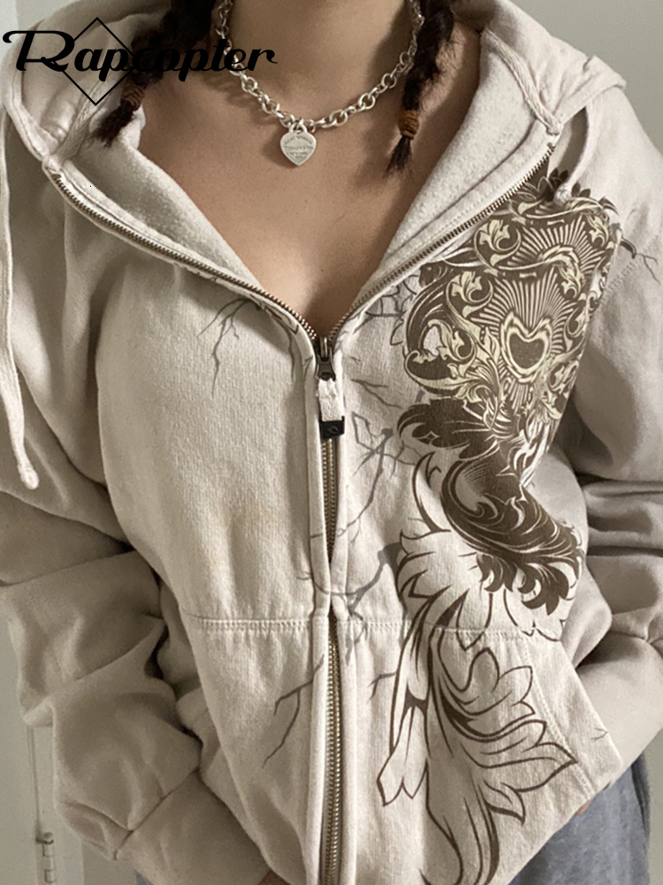 

Women's Jackets Rapcopter y2k Graphic Printed Zipper Pockets Khaki Hoodies Loose Women Retro Fairycore Cute Autumn Winter Coat Sweats 230202