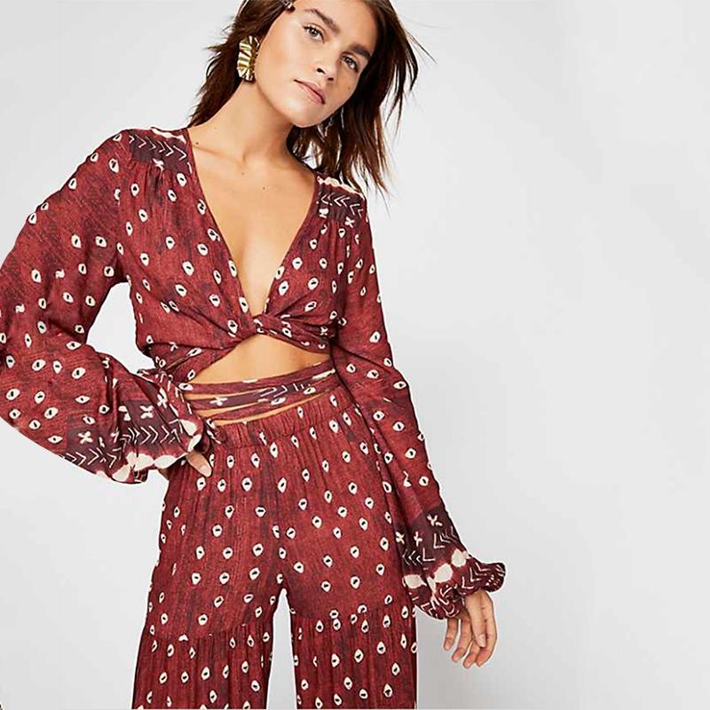 

Women's Jumpsuits & Rompers Casual Tops Pants Two-piece V-neck Tie Long SleevesWomen's, Picture shown