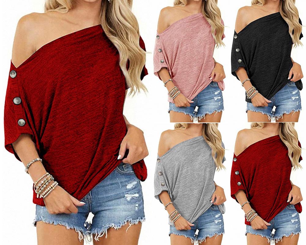 

Women' T Shirts 2023 Casual Tops One-neck Off-shoulder Button Short-sleeved, Black
