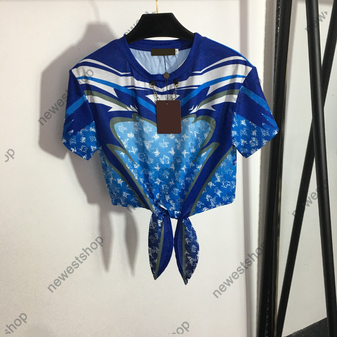 

2023 summer womens T Shirts designer luxury tshirt women classical letter print t shirt lady casual cotton Lace-up waist short sleeve t-shirt tops tee, Blue