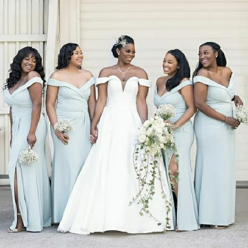 

2023 Mint Green Bridesmaid Dresses Off the Shoulder Straps Mermaid Chiffon Side Slit Beach Plus Size Wedding Guest Gowns Custom Made Formal Evening Wear