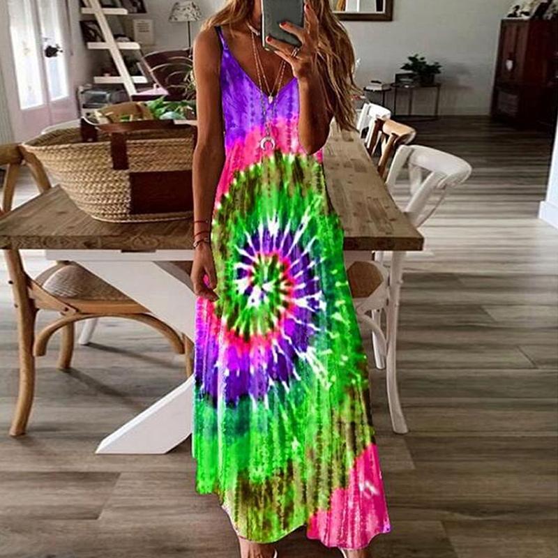 

Casual Dresses Summer Rainbow Printed Dress Women Sexy Deep V-Neck Sling Sleeveless Long Female Tie Dye Maxi Beach Vestido, Blue