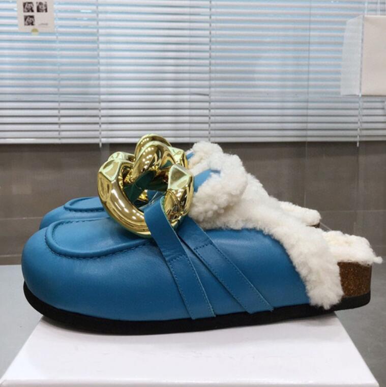 

Gold Chain Slippers Women Wool Warm Winter Shoes Round Toe Genuine Leather Flat Slides Woman Fur Collar Winter Slippers Men, Red