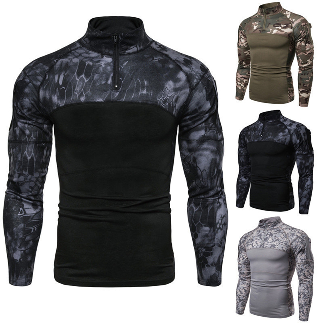 

Spring Camouflage Printed Splice Slim Tops T-shirt For Men High Street Long Sleeve Zipper Round Neck Casual Tee Tshirt G1815, Army green