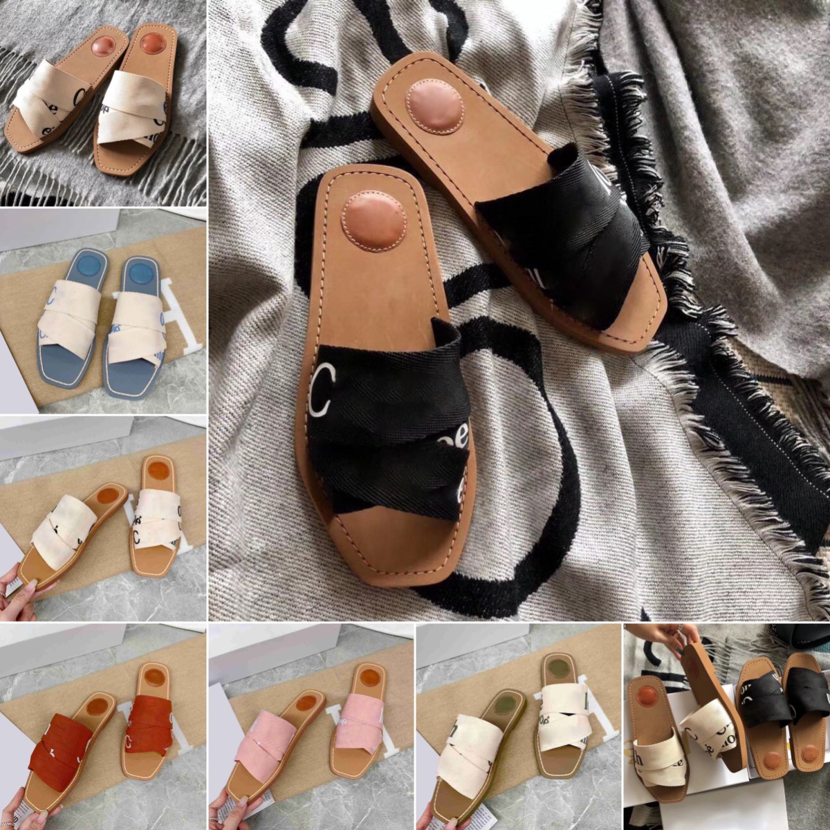 

Slippers2023 women woody Flat mules flat sandals slides designer canvas slippers white black sail womens fashion Outdoor Beach Slipper shoes size35-39, 666