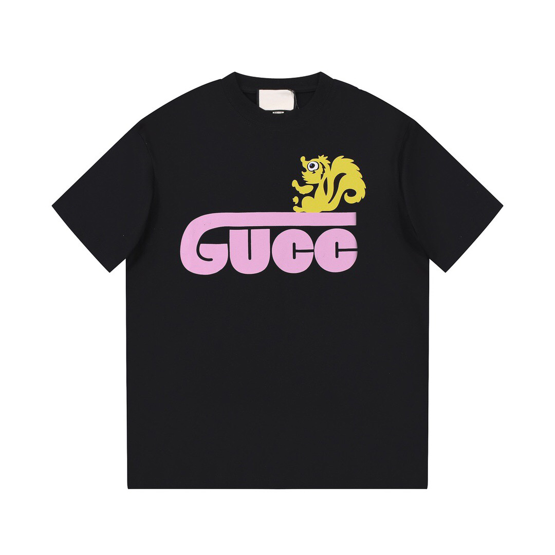 

New T-shirt Top Squirrel Letter Printing Cotton Material Men and Women' Spring and Summer Short Sleeve Brand Logo, Black
