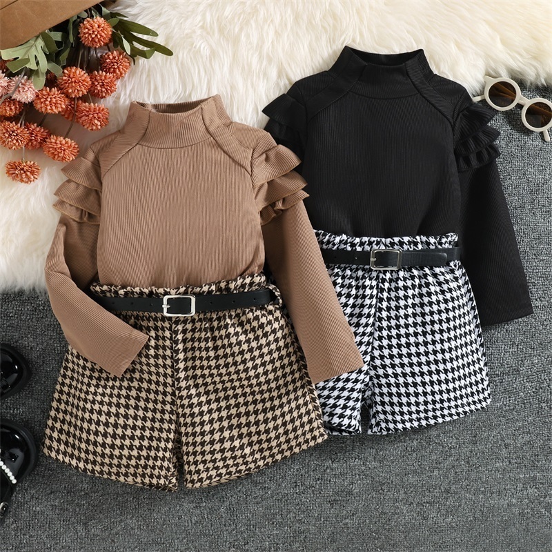 

Clothing Sets 16Y Kids Girls Autumn Clothes Set Baby Ruffle Long Sleeve High Neck Ribbed Tops Houndstooth Short Pant Belt Children Outfit 230202, Black